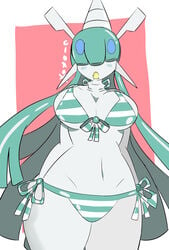 1girls big_breasts bikini bikini_bottom bikini_top blush breasts celesteela cloroxformius female female_only green_hair nintendo open_mouth pokemon pokemon_sm pokemorph solo tagme thighhighs wide_hips