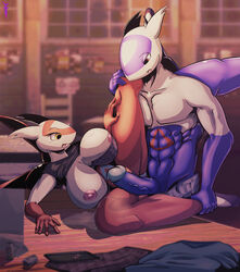abs anthro anthrofied big_breasts blush bra breasts clothed clothing detailed_background dnp101 dripping duo erection female highres imminent_sex latias latios leg_over_shoulder legendary_pokemon male muscular muscular_male navel nintendo nipples open_mouth panties pants partially_clothed pecs penis pokemon pokemon_(species) precum red_eyes shirt straight sweat table tongue underwear vein veiny_penis video_games wings yellow_eyes