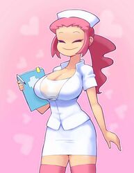 1girls big_breasts bimbo breasts busty cleavage kim_(minus8) minus8 nurse nurse_cap nurse_uniform original pink_hair skirt smile voluptuous white_skirt