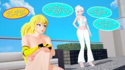 2girls arrancon blue_eyes breasts clothed_female dialogue different_breast_sizes long_hair long_hair_female nude_female purple_eyes robotic_arm rwby weiss_schnee yang_xiao_long