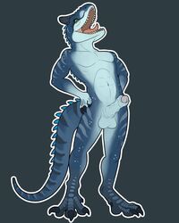 2018 altairxxx anthro balls black_sclera blue_balls carnotaurus claws dinosaur erection foreskin green_eyes hands_on_hips humanoid_penis male male_only navel nude open_mouth penis scalie sharp_teeth simple_background solo spikes standing stripes teeth theropod toe_claws tongue uncut vein veiny_penis