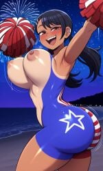 4th_of_july ai_generated areolae armpits arms_up asian_female beach beach_background blush blushing bodypaint bouncing_breasts brown_eyes bubble_butt cheering cute dark-skinned_female fireworks flag_print hayase_nagatoro hi_res high_resolution huge_breasts large_breasts naked night_sky nipples painted_butt pigtails please_don't_bully_me,_nagatoro plump_ass pom_pom_(cheerleading) pom_poms public_nudity shiny_skin shortstack smiling tanline tanlines tanned_skin thick_thighs