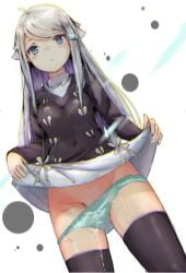 1girl ahoge aqua_panties black_shirt black_thighhighs blue_eyes blue_panties blush bow bow_panties breasts chromatic_aberration clothes_lift commentary cowboy_shot cum cum_in_clothes cum_on_body cum_on_clothes cum_on_pussy dress dutch_angle fantongjun from_below grey_hair groin hair_flaps hair_ornament highres imouto_sae_ireba_ii kani_nayuta lifting_own_clothes long_hair long_sleeves looking_at_viewer medium_breasts panties panty_pull shirt simple_background skirt skirt_lift solo standing swept_bangs thighhighs underwear variant_set white_background