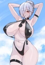 1girls arm_strap armpits arms_behind_head arms_up b_project_18 bikini black_bikini black_choker black_slingshot_swimsuit blue_sky blush breasts choker cinderella_(crystal_wave)_(nikke) cinderella_(nikke) cowboy_shot eyewear_in_mouth goddess_of_victory:_nikke groin hair_bun hair_over_one_eye halterneck highleg_bikini huge_breasts long_hair navel official_alternate_costume official_alternate_hairstyle one_eye_covered outdoors red_eyes ringed_eyes single_hair_bun sky slingshot_swimsuit solo standing sunglasses sweat swimsuit thigh_strap thighs tinted_eyewear white_hair
