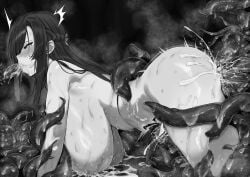 1girl absurdres all_fours binkan_argento black_hair blush breasts commentary_request commission commissioner_upload cum cum_in_mouth cum_in_pussy cum_on_floor cum_overflow defeat doggystyle fellatio greyscale highres irrumatio japanese_clothes large_breasts long_hair mature_female miko monochrome oral original pubic_tattoo sex sex_from_behind slime_(substance) stomach_bulge sweat tattoo tentacle_sex tentacles yuzuriha_tsubaki
