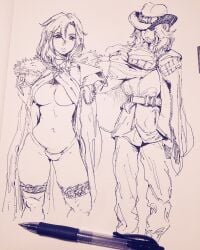 bare_thighs barely_contained barely_contained_breasts belly_button big_breasts black_and_white breasts cloak female female_focus fur_collar legs midriff monochrome navel no_pants panties pen pen_(artwork) sketch sketch_page skinny skinny_female tagme_(artist) thighhighs thighs tight_panties underboob