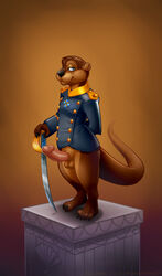 animal_genitalia anthro balls bottomless claws clothed clothing erection gilgash humanoid_penis looking_at_viewer male mammal medal melee_weapon mustelid otter penis podium pose sheath short smile smirk solo sword thick_thighs ulrich_von_waldersee_(arnethorn) uniform weapon
