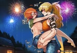2girls ahoge ai_generated arm_tattoo blonde_hair breasts denim fireworks futa_with_female futanari large_breasts multiple_girls night nipples orange_hair pants penis ponytail rwby sex suspended_congress tattoo tillian tilly_(tillian) yang_xiao_long