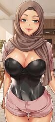 1girl 1girls ai_assisted ai_generated cleavage corset eyelashes fair_skin female female_focus female_only freckles freckles_on_face green_eyes hijab hijabi lipgloss lipstick perfect_body perfect_boobs sexy sexy_body shorts