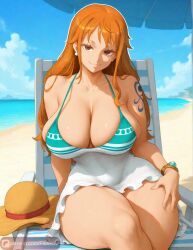 1girls ai_generated big_ass big_breasts cleavage deep_cleavage floresai hat huge_ass huge_breasts looking_at_viewer nami_(one_piece) narrow_waist naughty_face nipple_bulge patreon patreon_url patreon_username sexy sexy_pose summer teasing thick_thighs wide_hips