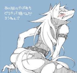 2012 anthro armband ass belt big_butt blush canine clothing convenient_censorship embarrassed fur hair hatchi japanese_text line_art long_hair looking_back male male_only mammal pretty_cure rear_view simple_background solo tail_between_legs tail_censorship text torn_bottomwear torn_clothes torn_clothing translation_request wardrobe_malfunction wolfrun wristband