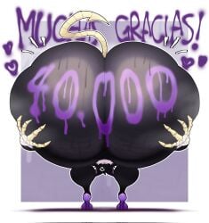 anthro bandaged_hand big_butt black_body butt clothing crowundeadcat domestic_cat felid feline felis female footwear heart_symbol hi_res huge_butt mammal miss_crow shoes solo spanish_text text thick_thighs