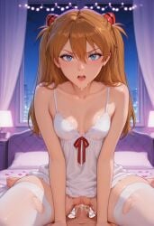 1girl ai_generated anime_style asuka_langley_soryu bed bedroom blue_eyes blush curtains evangelion interior long_hair looking_at_viewer open_mouth orange_hair sitting twin_tails window