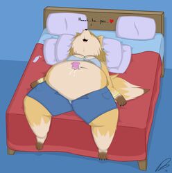 2018 anthro bbw bed belly big_belly brown_fur brown_hair canine clothing deep_navel digital_media_(artwork) dildo dullpoint ear_piercing female fox fur hair heart kemono mammal navel navel_fetish navel_penetration navel_poke oil overweight penetration piercing sex sex_toy slightly_chubby solo tan_fur text vibrating vibrator