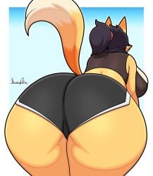 big_ass big_breasts blush breasts bubble_butt cleavage female fox fox_girl fox_tail furry huge_ass huge_breasts hyper_ass jhenightfox julie_(jhenightfox) mature_female milf nipples orange_body shorts tagme tail thick_thighs wide_hips