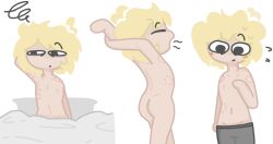artistic_nude bed bed_sheet bedding bite_mark bite_mark_on_neck bite_mark_on_shoulder bite_marks black_legwear blonde_hair butt_focus curly_hair front_view human male male_only navel no_clothes nobuddy nude nude_male pale_skin pants rear_view shirtless solo solo_male stretching waking_up yawn
