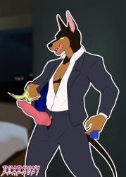 business_suit canid canine canis clothing condom dharmony dobermann domestic_dog genitals green_eyes hi_res knot knotted_penis licking licking_lips looking_at_viewer male mammal penis pinscher presenting sebastian_wolk sexual_barrier_device solo suit tongue tongue_out undressing undressing_self