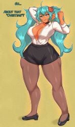 1girls 2026 2d alternate_version_available aqua_eyes aqua_hair aqua_hair_female big_breasts brazilian_miku business_attire choker cleavage clothed clothed_female clothing commission curvy curvy_female curvy_figure dialogue earrings english english_dialogue english_text female flower flower_in_hair full_body hatsune_miku hi_res hourglass_figure hourglass_figured_female latin_american_hatsune_miku_(meme) long_hair long_hair_female looking_at_viewer low_cut_shirt partially_open_shirt sepia simple_background solo stockings talking_to_viewer tan_skin tanned_female text thick_thighs thighhighs tight_clothing tight_skirt twintails villainsaibot vocaloid