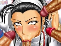 1girls black_hair chizuru_kagura circle_max cum_drip erection fellatio hairband japanese_text king_of_fighters light-skinned_female light_skin long_hair sucking sucking_penis