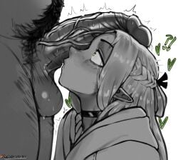 !? 1boy 1girl alphamob200x artist_name braid choker commentary dungeon_meshi elf english_commentary erection girthy_penis green_eyes hair_ribbon heart hetero highres hood hood_down large_penis long_hair looking_up male_pubic_hair marcille_donato penis penis_awe penis_rest pointy_ears pubic_hair ribbon saliva senshi_(dungeon_meshi) simple_background spot_color testicles veins veiny_penis web_address wide-eyed