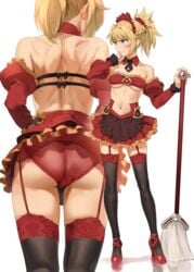 ass blush broom clenched_teeth embarrassed fate/grand_order fate_(series) front_and_back garter_belt high_heels looking_away maid mordred_(fate) panties pussy red_heels red_high_heels see-through_panties small_breasts sword thighhighs underboob upskirt yang-do