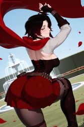 1girl ai_generated ass bandolier belt black_footwear black_hair boots breasts bullet cape cartridge corset crescent_rose day dress fire_emblem gloves gradient_hair hi_res high_quality high_resolution hooded_cloak kiraamane knee_boots looking_at_viewer looking_back medium_breasts multicolored_hair outdoors pantyhose patreon petals red_cape red_hair rose_petals ruby_rose scythe seductive sexy shiny short_hair silver_eyes solo thigh_boots two-tone_hair uncensored watermark