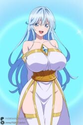 1female 1girl 1girls 2026 ai_generated arms_behind_back artist_name bare_shoulders big_ass big_breasts blue_background blue_eyes blue_hair breasts collarbone curvy dress elfaria_albis_serfort hi_res high_quality high_resolution highres huge_ass huge_breasts large_breasts long_hair looking_at_viewer no_panties open_mouth patreon patreon_username smile solo thighhighs thighs tsue_to_tsurugi_no_wistoria unjobdespiert very_long_hair watermark white_dress wistoria:_wand_and_sword