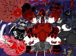 96_(roder_vasquez) angry anthro anthro_on_anthro ball_slap balls big_balls big_breasts big_knot black_body bodily_fluids breast_milking breasts canid canine cum cum_inside cum_request deer draco_(roder_vasquez) duo erection female folfie_winter genital_fluids genitals gun heart_symbol hi_res hybrid insemination_request karelia_(ace_rattman) knot lactating leg_grab machine male male/female mammal moan monster nissal_(roder_vazquez) ovulating piercing_pull poker_face protogen public public_sex ranged_weapon red_body red_eyes roder_vasquez rough_sex sex size_difference skulldragon slap smile smiler_(the_backrooms) spanish_text text the_backrooms tongue tongue_out weapon white_body