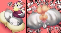 anal anal_penetration anthro balls big_butt bottomwear breasts bugs_bunny butt clothed clothing comic crossdressing crowundeadcat dialogue duo english_text genitals grey_body hi_res huge_butt lagomorph leporid looney_tunes male mammal pants penetration rabbit text warner_brothers yellow_body