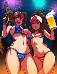 2girls ai_generated american_flag_bikini bikini breast_envy brown_hair fireworks girls_only gun hilda_(pokemon) large_breasts light-skinned_female midriff nintendo pokemon rosa_(pokemon) skindentation small_breasts