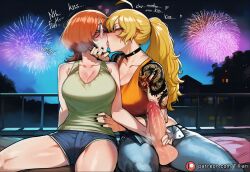 2girls ai_generated blonde_hair breasts cleavage denim denim_shorts futa_with_female futanari kiss large_breasts large_penis multiple_girls night pants penis rwby shorts tank_top tattoo testicles tillian tilly_(tillian) uncensored yang_xiao_long