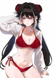 1girl arms_up bikini black_hair breasts hair_ornament jacket jia_xichun_(limbus_company) limbus_company long_hair medium_breasts multicolored_hair project_moon sweat thighs twintails