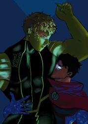 armpits billy_kaplan black_hair blonde_hair blue_eyes boyfriend brown_eyes curryee glowing_eyes green_skin hulkling husbands marvel marvel_comics pecs smelling_armpit teddy_altman wiccan yaoi young_avengers