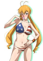 1girls american_flag_bikini american_flag_print big_breasts bikini blonde_hair blush breasts busty chewing_gum cleavage confident drill_hair female female_only flag_print flag_print_bikini green_eyes half-closed_eye hand_on_hip highres large_breasts legs low_twintails monica_adenauer navel one_eye_closed pointing pointing_at_self print_bikini seductive seductive_look seductive_smile sensual sexy sexy_pose smile solo swimsuit thighs twintails voluptuous yakitate!!_japan