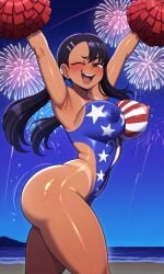 4th_of_july ai_generated areolae armpits arms_up asian_female beach beach_background blush blushing bodypaint bouncing_breasts brown_eyes bubble_butt cheering cute dark-skinned_female fireworks flag_print hayase_nagatoro hi_res high_resolution huge_breasts large_breasts naked night_sky nipples painted_breasts pigtails please_don't_bully_me,_nagatoro plump_ass pom_pom_(cheerleading) pom_poms public_nudity shiny_skin shortstack smiling tanline tanlines tanned_skin thick_thighs wink