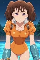 1girls ai_generated blue_gloves blush breasts brown_hair buckle cleavage cleft_of_venus collarbone cowboy_shot diane_(nanatsu_no_taizai) female_anthro fingerless_gloves gloves hi_res high_collar large_breasts leaning_forward leotard looking_at_viewer medium_breasts nanatsu_no_taizai night night_sky orange_leotard outdoors parted_lips pool poolside puffy_short_sleeves puffy_sleeves purple_eyes pussy rule34lab seven_deadly_sins short_sleeves short_twintails sky solo star_(sky) starry_sky tree twintails uncensored water