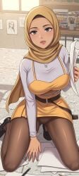 ai_assisted ai_generated arabian belt eye_contact female female_focus female_only hijab hijabi lipstick necklace on_knees pantyhose tanned tanned_female tanned_skin underskirt