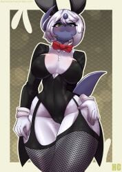 absol abstract_background absurd_res anthro breasts bunny_costume clothing costume female fishnet_clothing fishnet_legwear generation_3_pokemon hi_res legwear nintendo pokemon pokemon_(species) skylosminkan solo