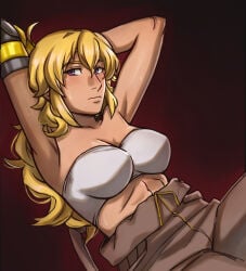 1girls blonde_female blonde_hair boletinnie_(artist) cleavage clothed_female long_hair long_hair_female robotic_arm rwby situps solo_female sports_bra yang_xiao_long