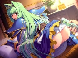 1boy 1girl :d armor armored_boots ass bed bed_sheet blue_armor blue_skirt blush boots breastplate censored clothes_lift drooling dutch_angle floating_hair frilled_skirt frills from_behind game_asset gold_tiara gold_trim green_hair hair_intakes hetero himekishi_olivia holding imminent_enema indoors inoino knee_boots kneeling long_hair looking_back mosaic_censoring no_panties non-web_source official_art olivia_lindegald on_bed open_mouth pauldrons pillow plant potted_plant purple_eyes pussy self-datamine shoulder_armor sitting skirt skirt_lift smile solo_focus straight_hair syringe tiara variant_set very_long_hair visual_novel_cg