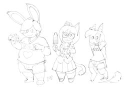 arthur_(lapinbeau) bell bomb_pop bottomwear bovid braided_hair bulge caprine chibi clothed clothing collar danica_(daniruu) domestic_cat domestic_goat domestic_rabbit eyewear felid feline felis flemish_giant food glasses goat group hair horn lagomorph leporid long_ears long_tail male mammal monochrome naughtyjester oryctolagus overweight overweight_male penis_bulge pizza popsicle pygmy_goat rabbit shirt shorts skirt t-shirt tail topwear william_(lapinbeau)