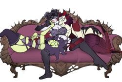 3girls 4_eyes arachnid arachnid_humanoid archivatumm ass boobs breasts character_request commission exoskeleton eyelashes fangs fat_ass grabbing_ass green_body green_eyes green_skin grey_body horns insect insect_girl insects joints lingerie lying_on_sofa oc purple_hair red_body red_eyes sideboob sitting sitting_on_sofa sofa spider spider_girl spider_humanoid thighs two-tone_body yuri
