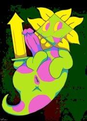 anthro anus balls big_butt butt chapter_5_darkner darkner deltarune digital_drawing_(artwork) digital_media_(artwork) elemental_creature erection flora_fauna floradinn genitals green_body happy humanoid_genitalia humanoid_penis looking_at_viewer male melee_weapon nude penis petals pink_body pixel_(artwork) plant presenting presenting_anus presenting_hindquarters shaded solo sword tongue tongue_out undertale_(series) unusual_anatomy weapon yellow_body yoshreveluv