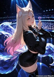1girl ahri ahri_(league_of_legends) ai_assisted ai_generated animal_ears argyle artist_name ass bangs black_legwear black_skirt blue_eyes breasts curvaceous curvy curvy_female curvy_figure facial_mark female half-closed_eyes k/da_(league_of_legends) large_breasts league_of_legends long_hair long_sleeves looking_at_viewer makeup miyuai nail_polish night night_sky skirt sky smile solo star_(sky) starry_sky thick thick_ass thick_butt thick_hips thick_legs thick_thighs thighhighs voluptuous voluptuous_female wide_hips wide_thighs wings zettai_ryouiki