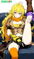 1girls 2026 ai_generated blonde_hair ends34 female female_only looking_at_viewer masturbation one_leg_up rwby yang_xiao_long