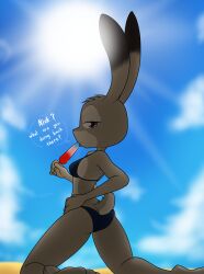 2016 anthro beach bikini biped bodily_fluids bomb_pop breasts butt butt_pose clothed clothing cloud detailed_background dialogue dipstick_ears disney ear_markings english_text female food fur hand_on_hip hi_res holding_food holding_object holding_popsicle judy_hopps kneeling lagomorph leporid licking looking_at_viewer looking_back mammal multicolored_body multicolored_ears multicolored_fur multicolored_tail offscreen_character open_mouth outside popsicle pose purple_eyes rabbit rear_view sand sandwich-anomaly seaside side_boob skimpy sky solo suggestive sun sweat swimwear tail talking_to_viewer text tongue tongue_out two-piece_swimsuit two_tone_body two_tone_fur water zootopia