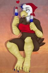 2021 3_toes 5_fingers accipitrid accipitriform alternative_fashion anthro arms_bent avian avian_feet bald_eagle beak bent_legs big_breasts bird blue_claws bomb_pop bottomless breasts brown_body brown_feathers brown_tail_feathers claws cleavage clothed clothing curvy_figure dated digital_media_(artwork) dual_holding eagle eyelashes eyes_closed feathers feet female fingers firecracker food front_view full-length_portrait heart_symbol hi_res holding_food holding_object holding_popsicle liberty_(thehuntingwolf) multicolored_body multicolored_feathers non-mammal_breasts open_beak open_mouth popsicle portrait rockabilly sea_eagle simple_background solo tail tail_feathers talons thehuntingwolf thick_thighs toe_claws toes tongue tongue_out topwear white_body white_feathers wide_hips yellow_beak