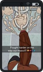 after_vore animal_humanoid bathroom big_penis bodily_fluids caption cum cum_everywhere dark_body dark_skin emoji excessive_cum excessive_genital_fluids genital_fluids genitals hi_res huge_penis humanoid hyper hyper_cum hyper_genitalia hyper_penis lagomorph lagomorph_humanoid leporid_humanoid male mammal mammal_humanoid messy penis post_digestion public_restroom rabbit_humanoid ragsy restroom_stall snapchat_caption solo toilet vore