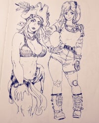 2girls abs bandaid bandaid_on_knee belly_button big_breasts bikini bikini_top black_and_white boots breasts female female_only goggles_around_neck hat human human_female human_only large_breasts monochrome navel no_sex nonsexual pirate pirate_girl pirate_hat sketch sketch_page tagme_(artist) thick_thighs thighs