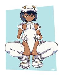 aether_foundation aether_foundation_employee aether_foundation_employee_(female) black_hair breasts breasts_out brown_eyes cute dark-skinned_female dark_skin female female_aether_foundation_employee female_only gloves nintendo nipples optionaltypo pokemon pokemon_sm short_hair squatting tagme thighhighs wedgie white_legwear